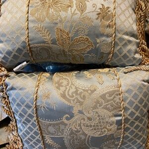 2- Decorative Croscill Throw Pillows- Napoleon Nicolette Damask Blue/Gold & Tan